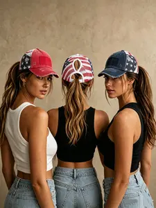 Patriotic Adjustable Women’s Baseball Cap Cotton Brushed Embroidered Casual Hat with Criss-Cross Elastic Band American Flag Mesh Back Durable Accessory Fit Perfect for Memorial day and July 4th