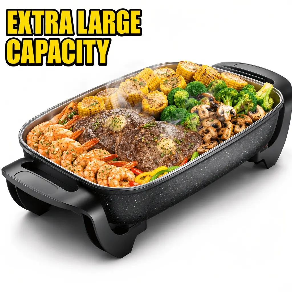 Upgraded Extra Large Deep Electric Skillet with Glass Lid, Nonstick Electric Frying Pan, Adjustable Temperature Control, Multi-Function Cooker for Steak, Bacon, Eggs, Seafood And Vegetables, Fast Heating, Easy Clean, Family Size Cooking Pan
