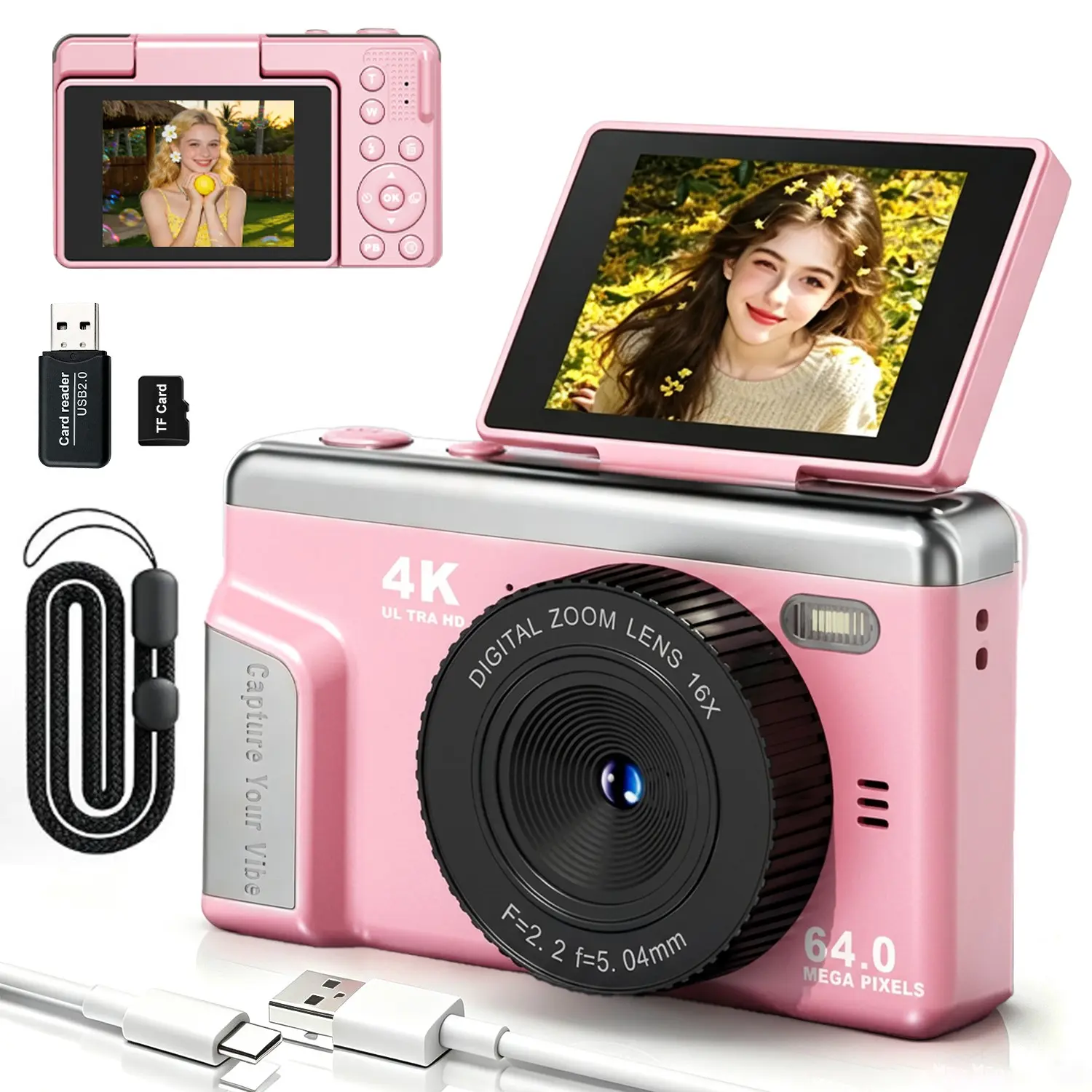Digital Camera, Compact Camera, Vlogging Camera for YouTube, Fast Autofocus UHD Video Camara for Beginner Travel with 16X Zoom, Memory Card