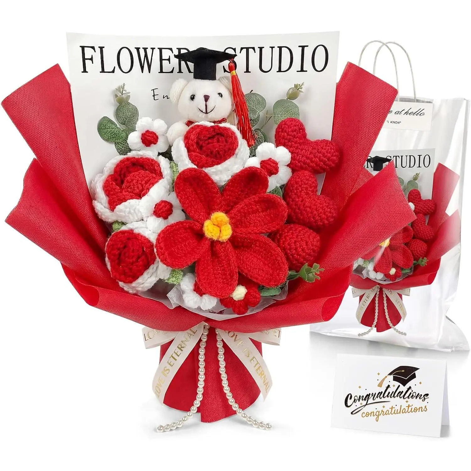2026 Graduation Bear Flower Bouquet Set Includes Red Knitted Flower Bouquet Mini Plush Bear with Grad Cap Congrats Grad Card Clear Gift Bag for 2026 Graduation Supplies