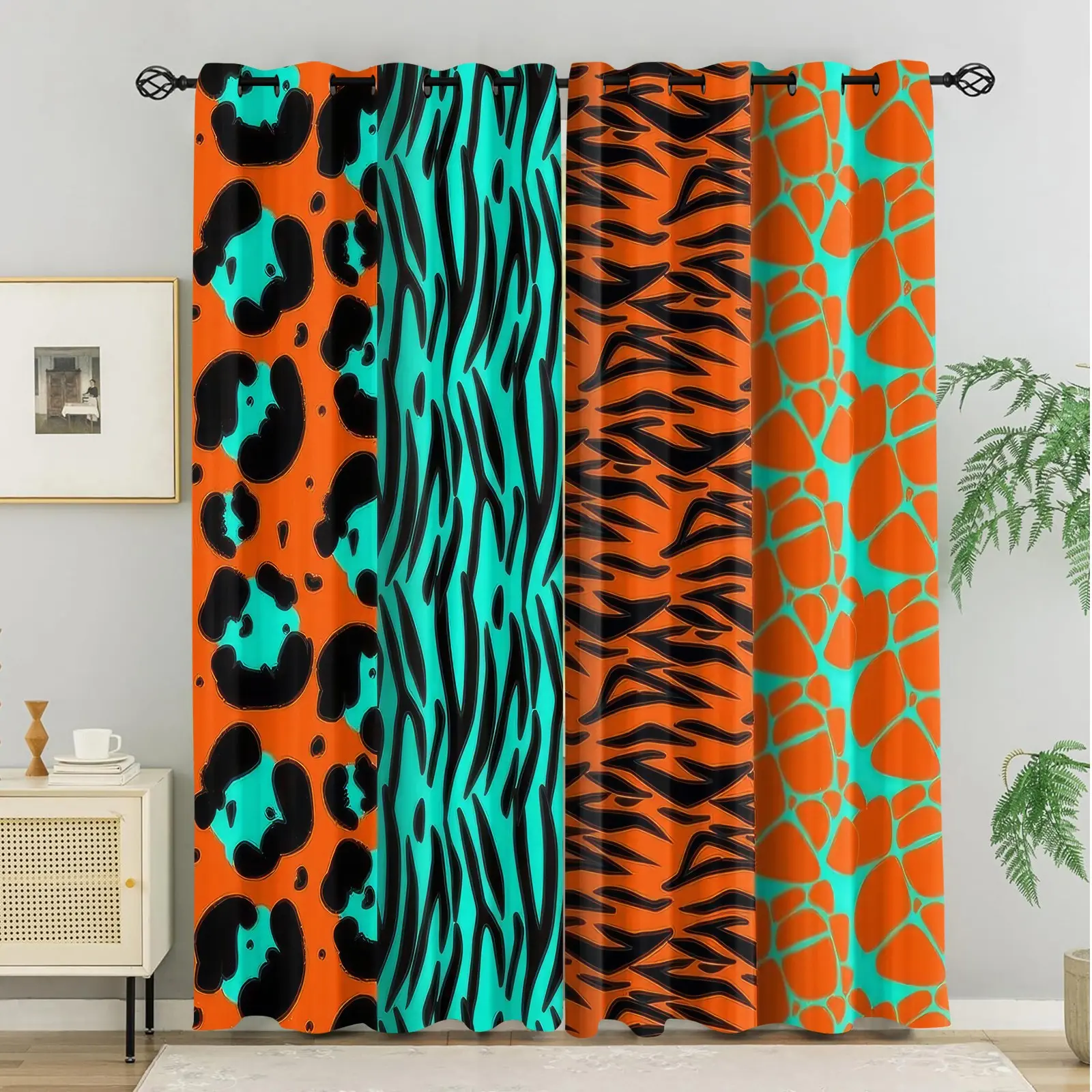 2Pcs Neon Animal Print Curtains, Vibrant Cheetah Zebra Tiger Pattern Blackout Curtains, Trendy Orange and Turquoise Jungle Style Window Drapes, Perfect for Bold Home Decor, Living Room & Bedroom, Soft Polyester Fiber , Machine Washable