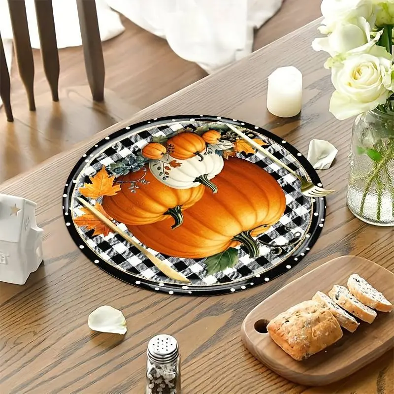 Clclassic Grid Pumpkin Placemats Set, 4pcs Thanksgiving Decoration, Heat Resistant, Round Pumpkin Theme, Festive Dining Table Decor