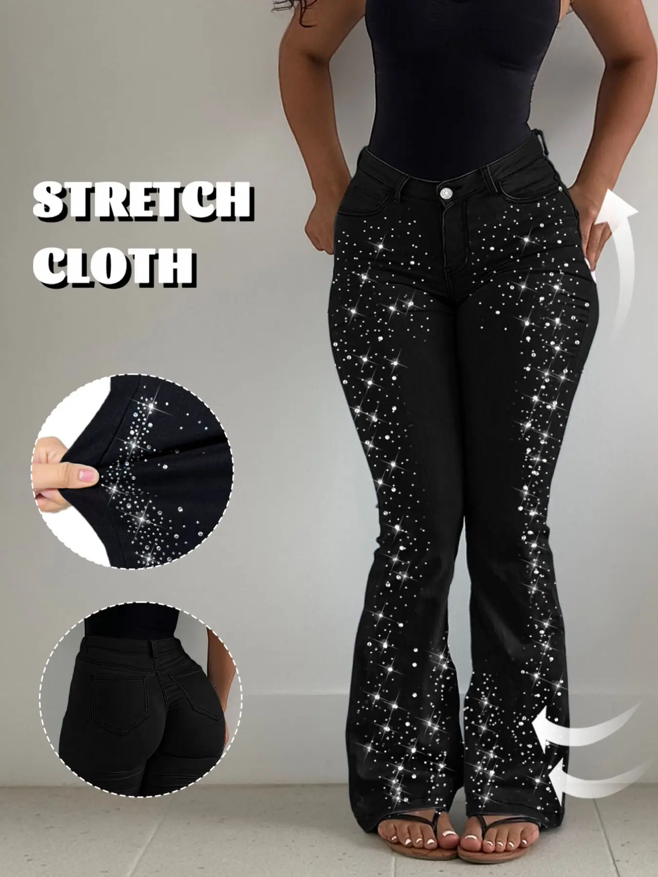 GILIPIUR Women High Waist Rhinestone Sparkly Flare Jeans, Stretchy Bell Bottom Denim Pants Y2K Streetwear Party Club Outfit For Ladies TChic