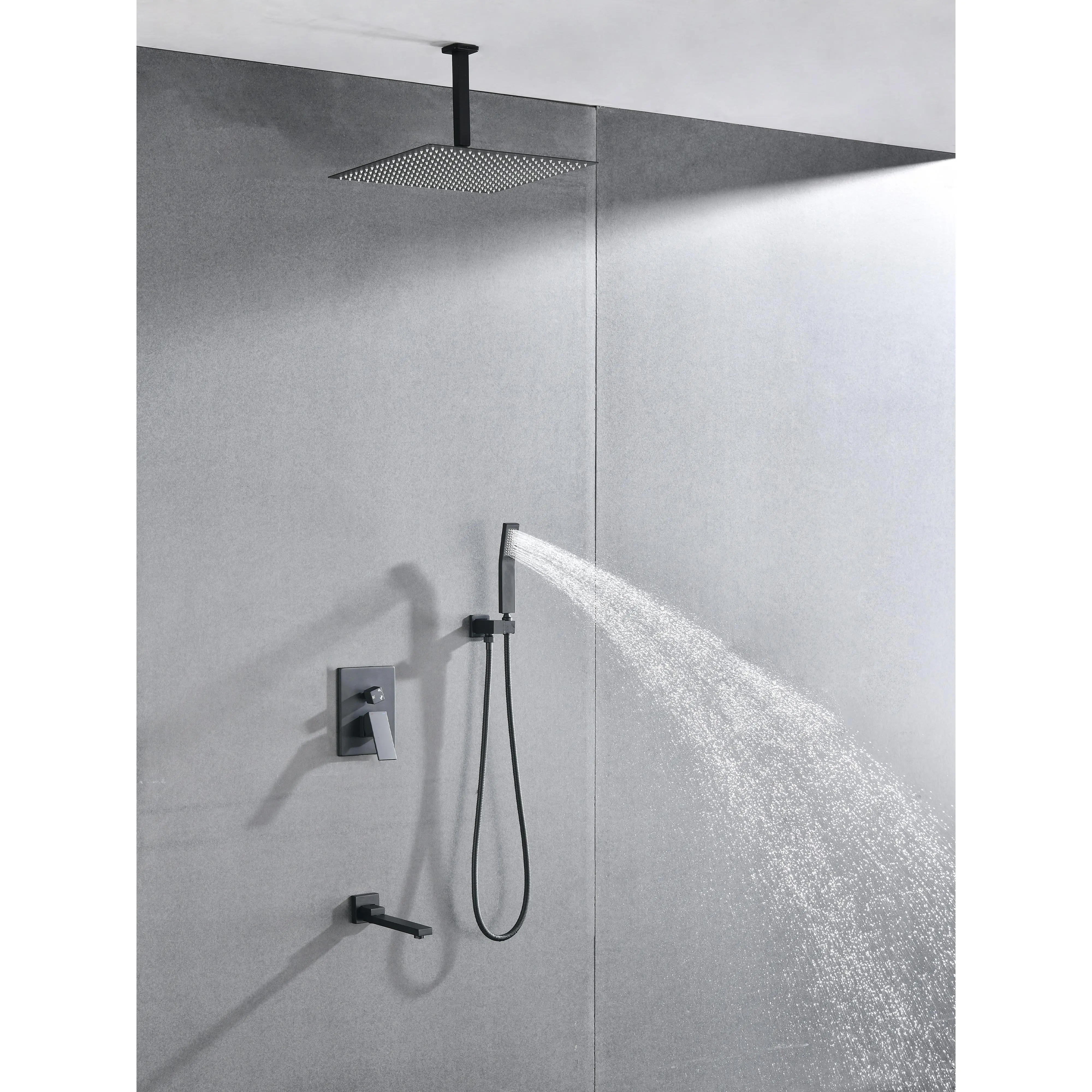 Nokaa Ceiling Mounted Shower System Combo Set – 16" Adjustable Square Rainfall Shower Head, Handheld Spray, Tub Spout, Rough-In Valve, 59" Hose, Brushed Nickel Stainless Steel, 3-Function Bathroom Shower