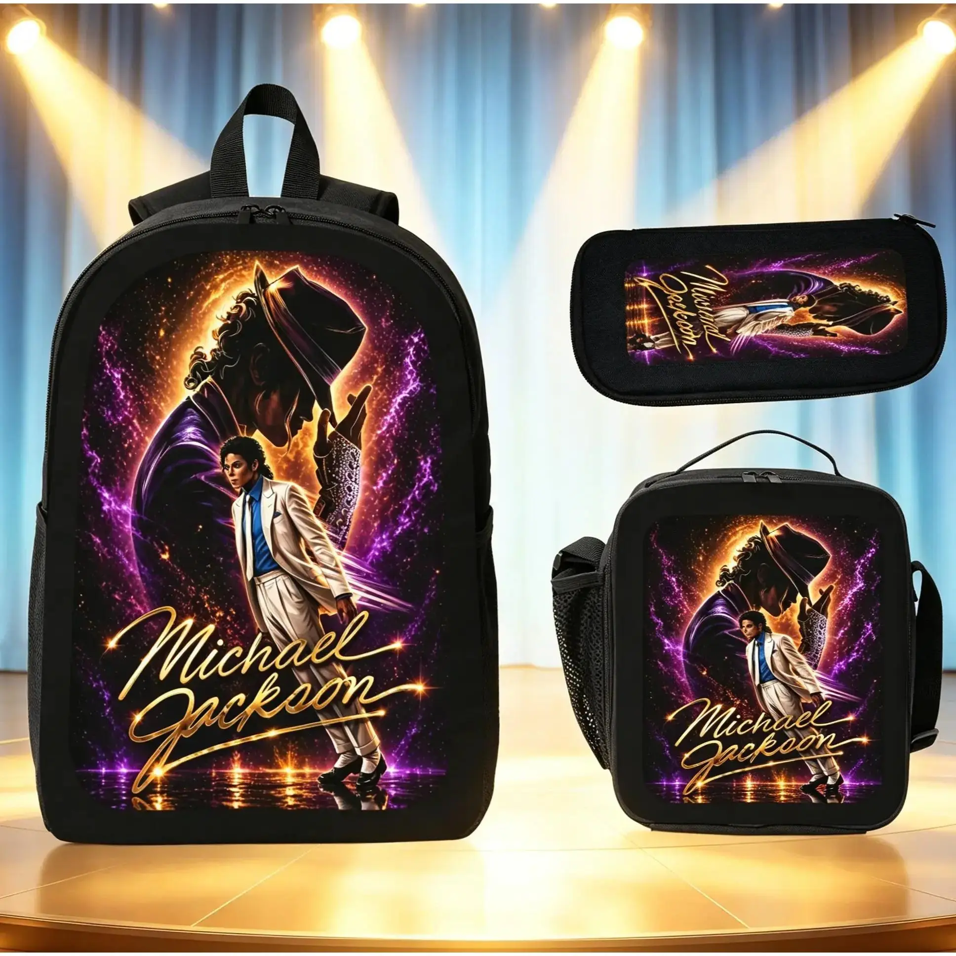 3Pcs Michael Jackson Themed Backpack Set, School Bookbag for Teen Music Fans, Casual Travel Daypack with Insulated Lunch Bag & Pencil Case