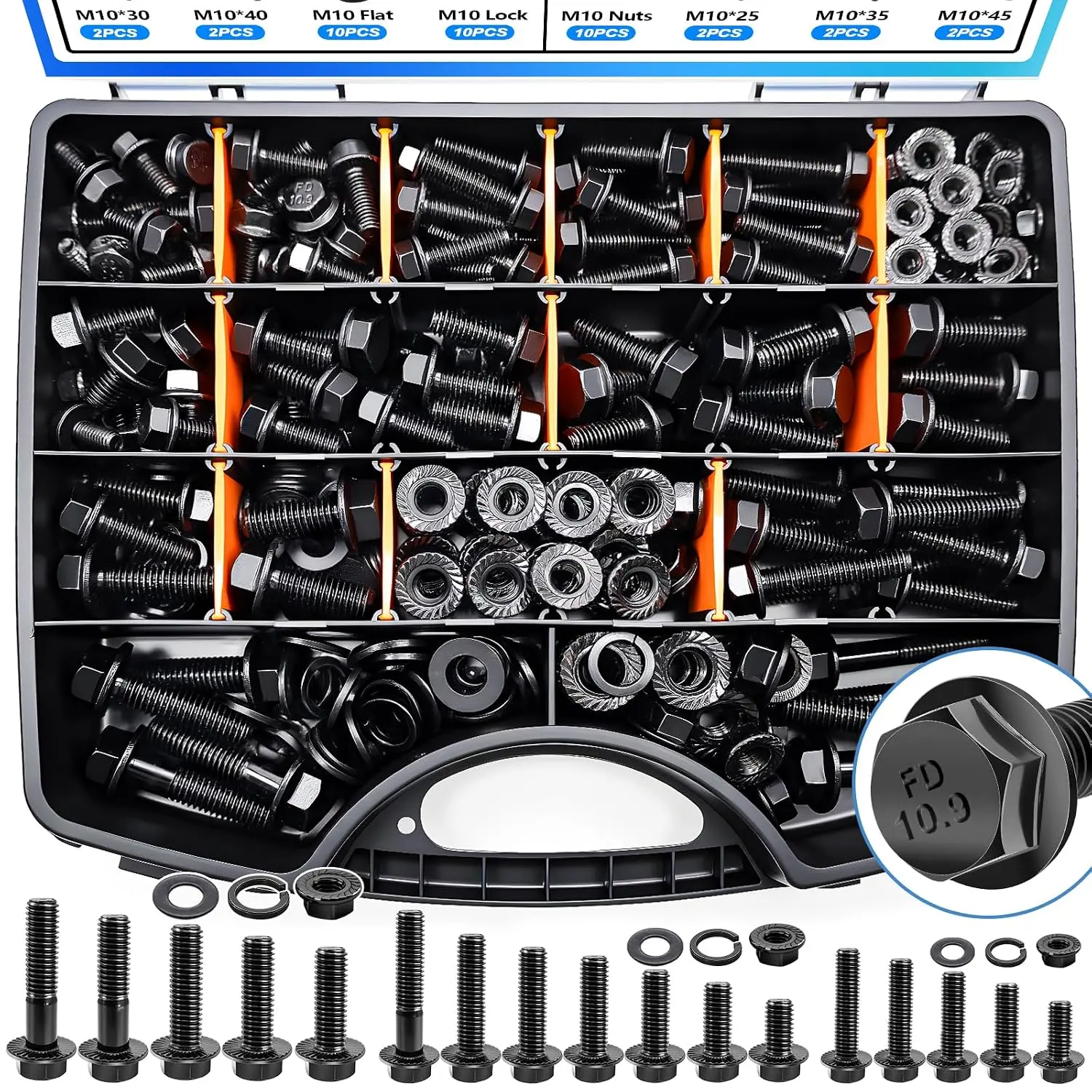 400 count Metric Flange Bolt , Nuts and   Kit, 10.9 Grade M6x1.0, M8x1.25, M10x1.5 Metric Bolt, Black Hex  and Nuts Washers Kit (12mm to 45mm)
