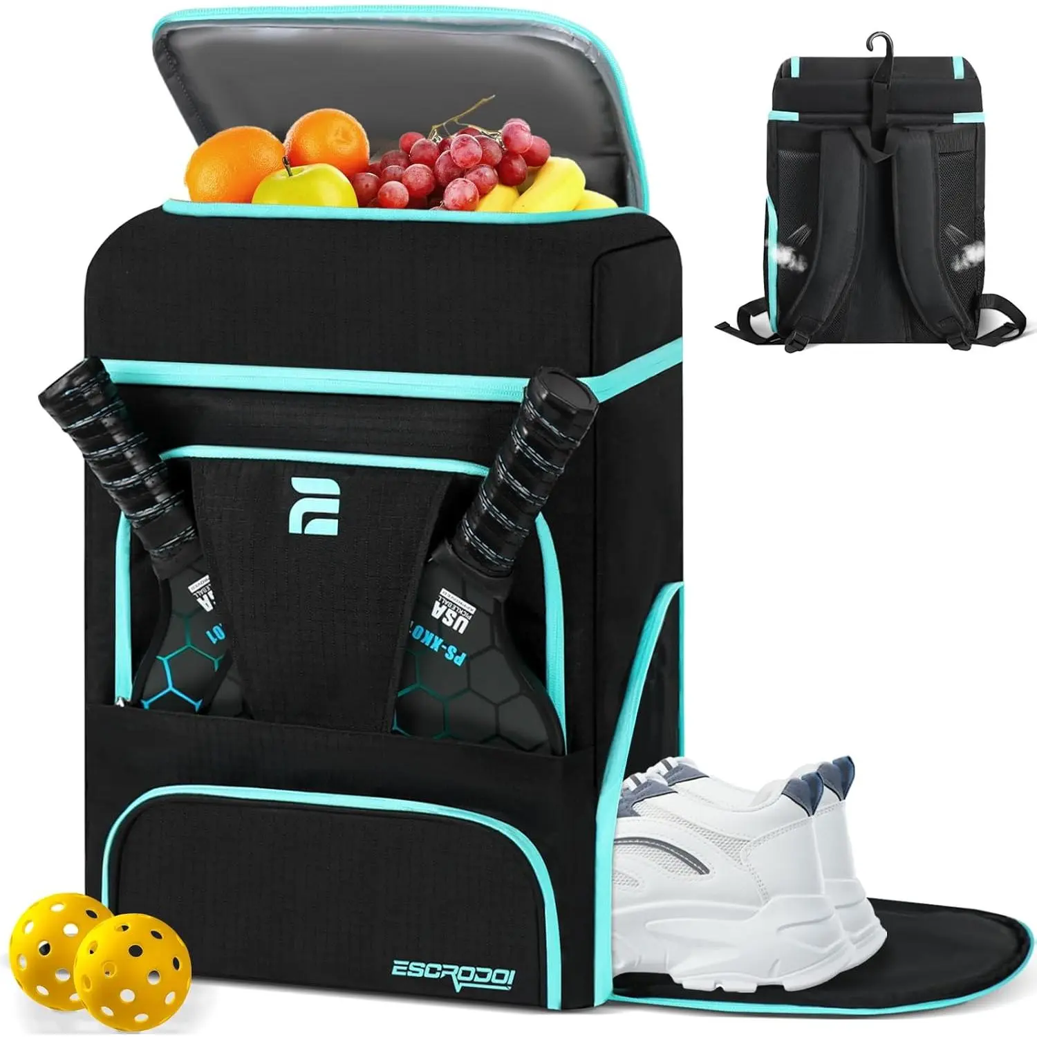 Unisex Polyester Pickleball Backpack with Shoe Compartment, Cooler, Functional Laptop Slot & Multi-Pockets for Sporting Gear, Gym or Work, Black, Functional Bags