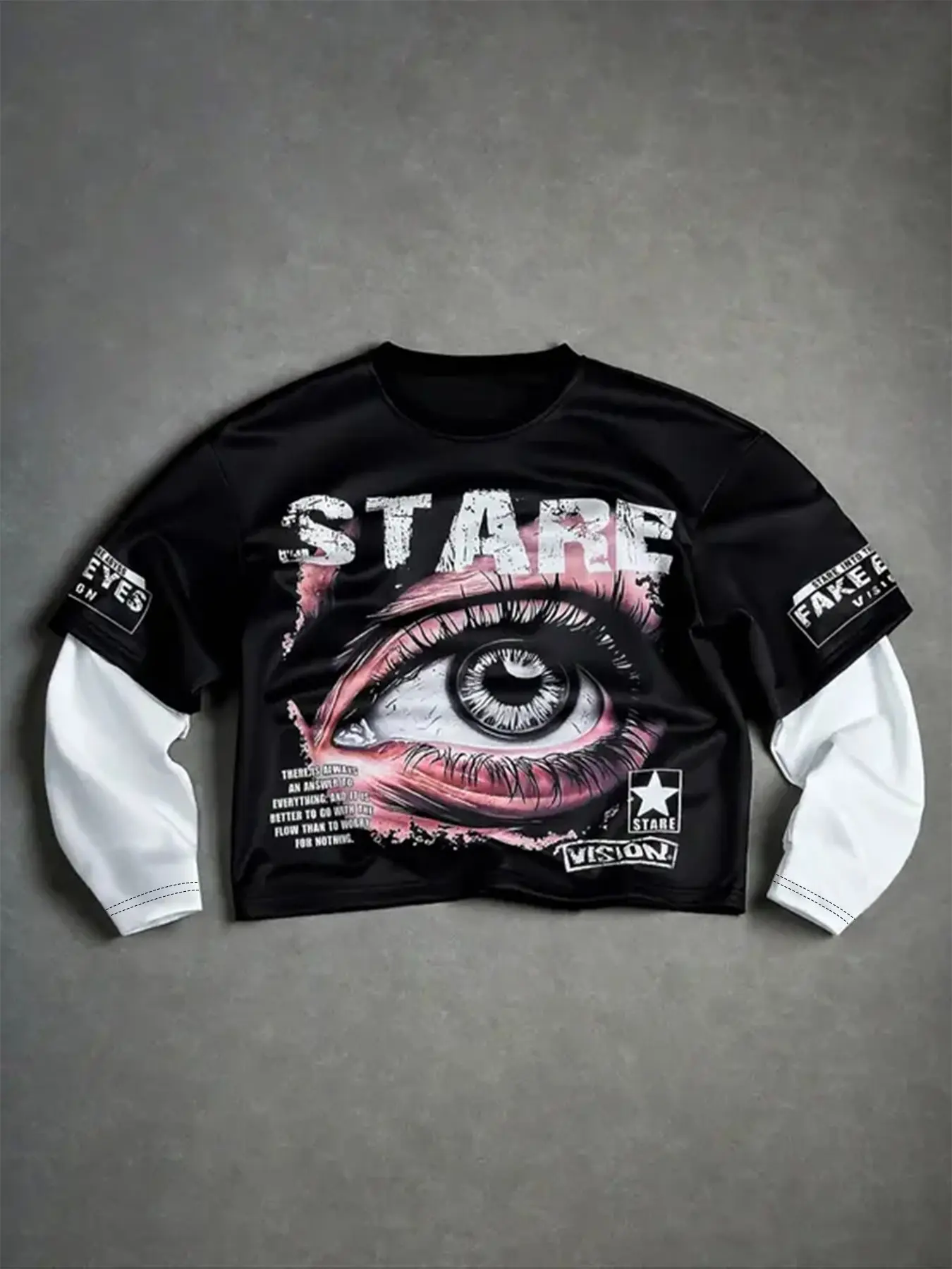 Dark Eye Text Dual-Sided Print Long Sleeve Top, Anti-Pilling, Loose Fit, Vintage Wash, Urban Style, Spring & Fall, Couples'