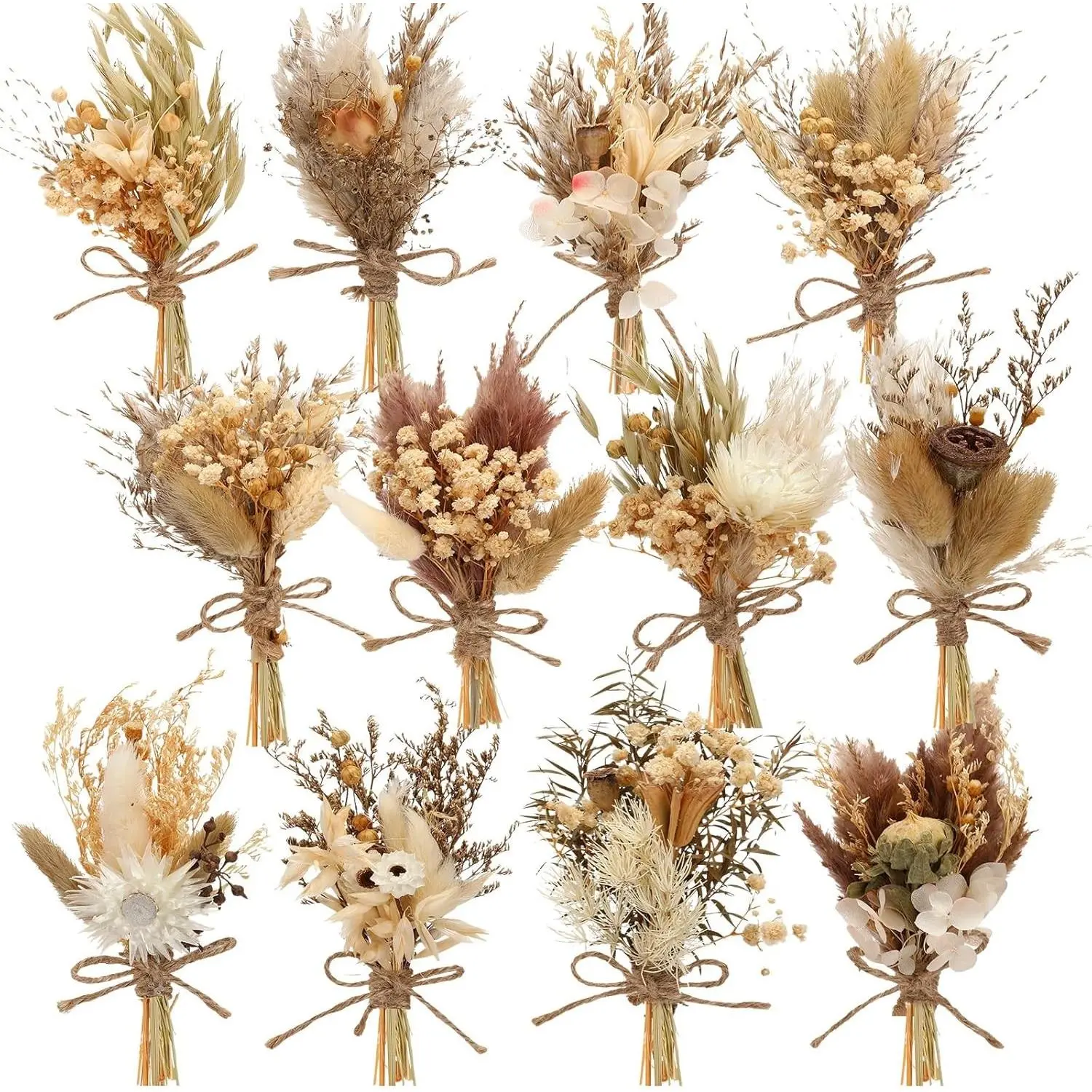 12-Piece Decorative Boho Rustic Mini Handmade Dried Flower Bouquets Set Pack, Mini Bouquets for Vase Decor & DIY Crafters, Men’s Boutonniere & Bridesmaid Gift