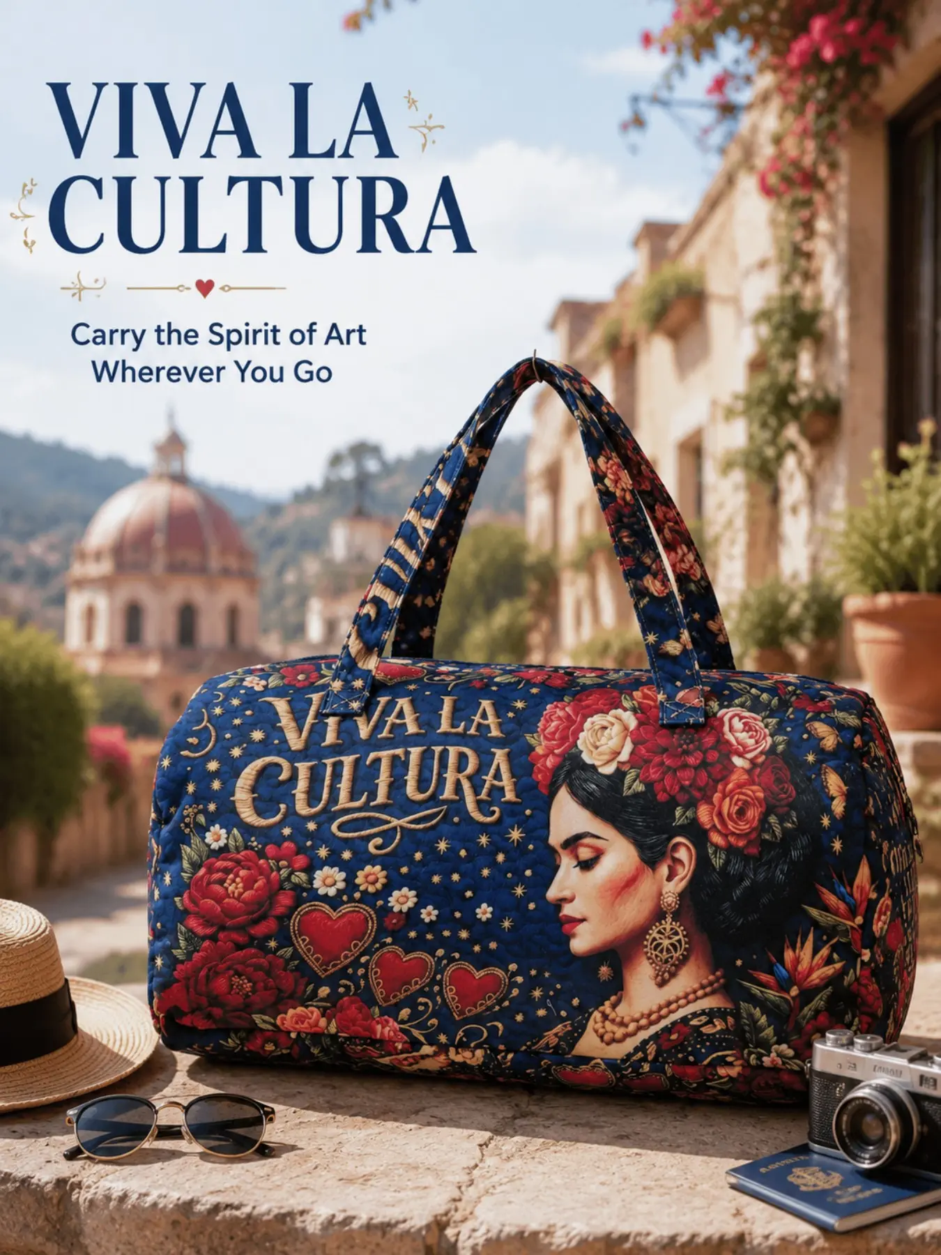 1 Piece Frida Kahlo Mexican Cultural Floral Duffle Weekender Bag, Navy Print Reinforced Handles Smooth Zipper Large Capacity Tote for Latin Culture Lovers, Short Vacations & Gym