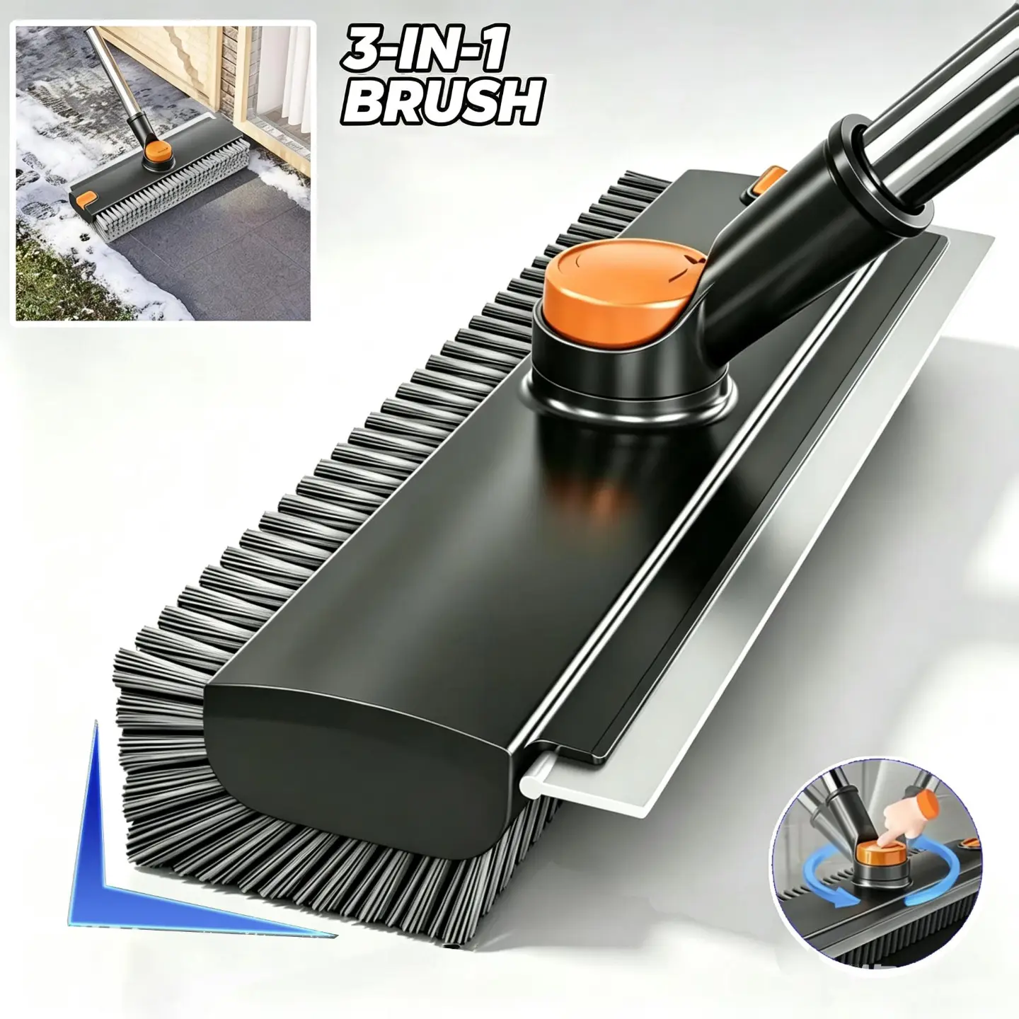 3-in-1 Long Handle Squeegee & Stiff Bristle Brush, Adjustable Steel Pole, 360° Rotatable Double-Sided Design, 90-Degree Gap Cleaning (No Blind Corners), Indoor/Outdoor Adjustable Cleaning Tool for Bathroom, Kitchen, 90-Degree Cleaning, Adjustable Cleaning