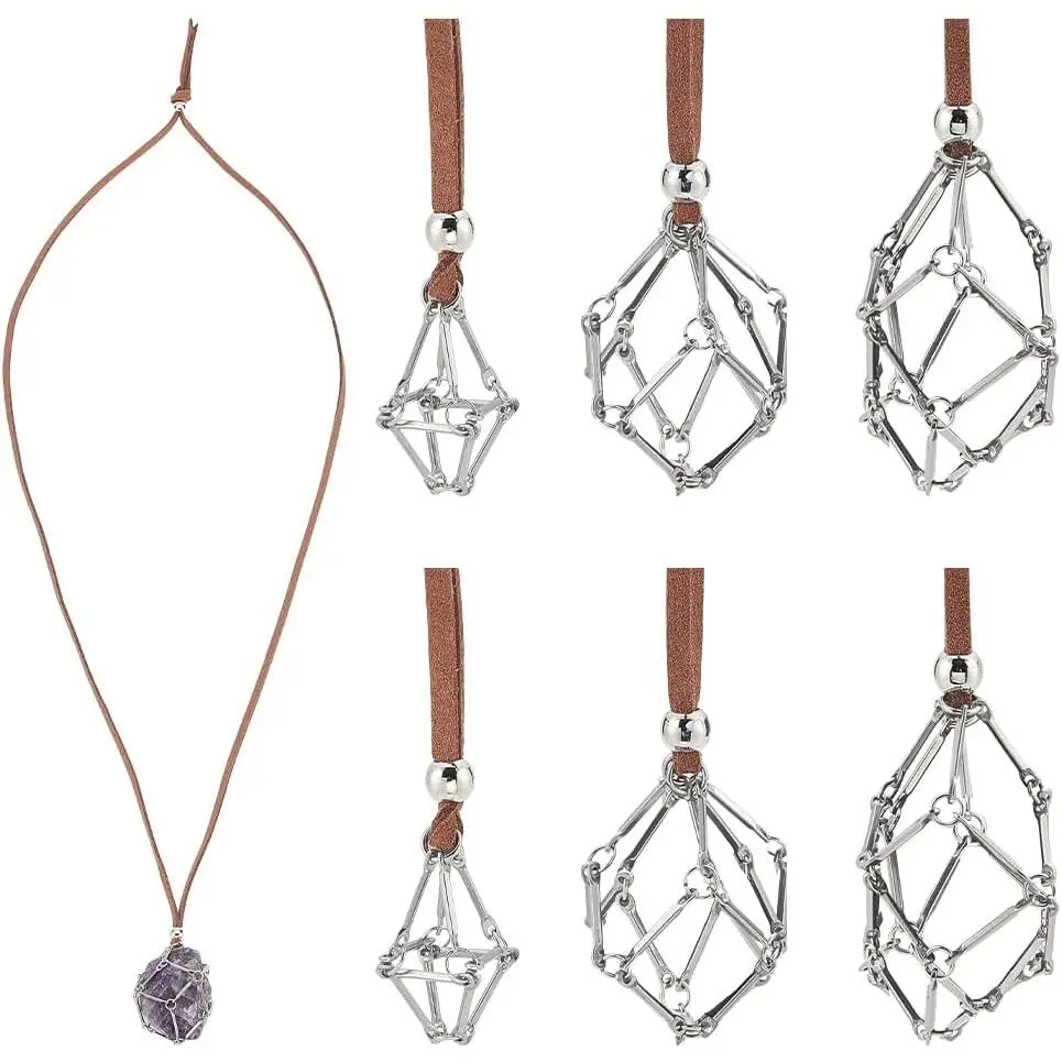 Stainless Steel Macrame Pouch Necklace Adjustable  Necklace Empty Stone Holder Nets Necklace Pendant with Camel Faux Suede Cord for Necklaces Making
