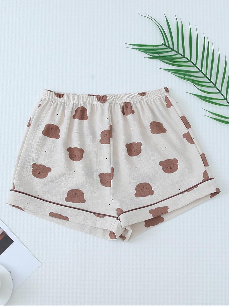 Women's Cartoon Bear Print Lapel Pocket Shirt & Elastic Waist Shorts Loungewear Set, Button Front Short Sleeve Top & Shorts PJ Set, Casual Comfy Pyjama Set Homewear for Women
