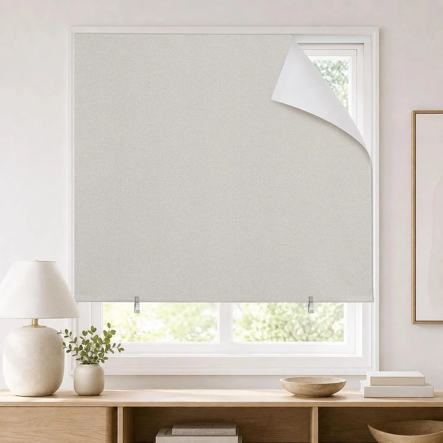 100% Blackout No-Drill Adhesive Roller Shades, Window Curtains Blinds for Indoor Windows, 35" W x 63" H, Light Beige