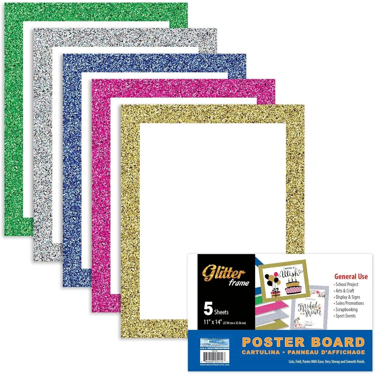 11in x 14in White Poster Board with Glitter Frame, 5 Count, for School Projects Displays