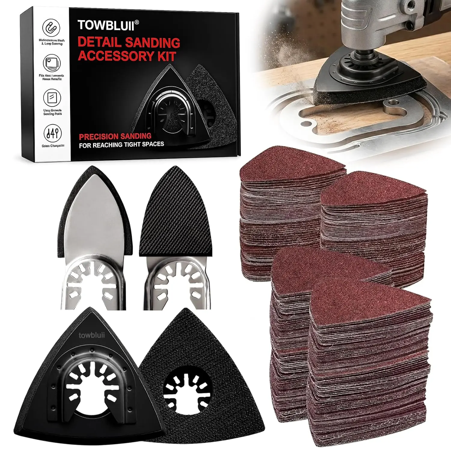 Oscillating Tool Sanding Pad Kit, 106Pcs Multi Tool Sanding Pads with 2 Triangle Sanding Pads, 2 Finger Sanding Pads, 100 Sandpaper Sheets, 60-240 Grit for Wood Metal Plaster Grinding Polishing
