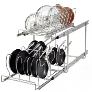 2 Tier Pull Out Pots and Pans Organizer – Slide Out Cabinet Storage Rack for Cookware, Adjustable Dividers, Heavy Duty Stainless Steel, Fits Kitchen Base Cabinets