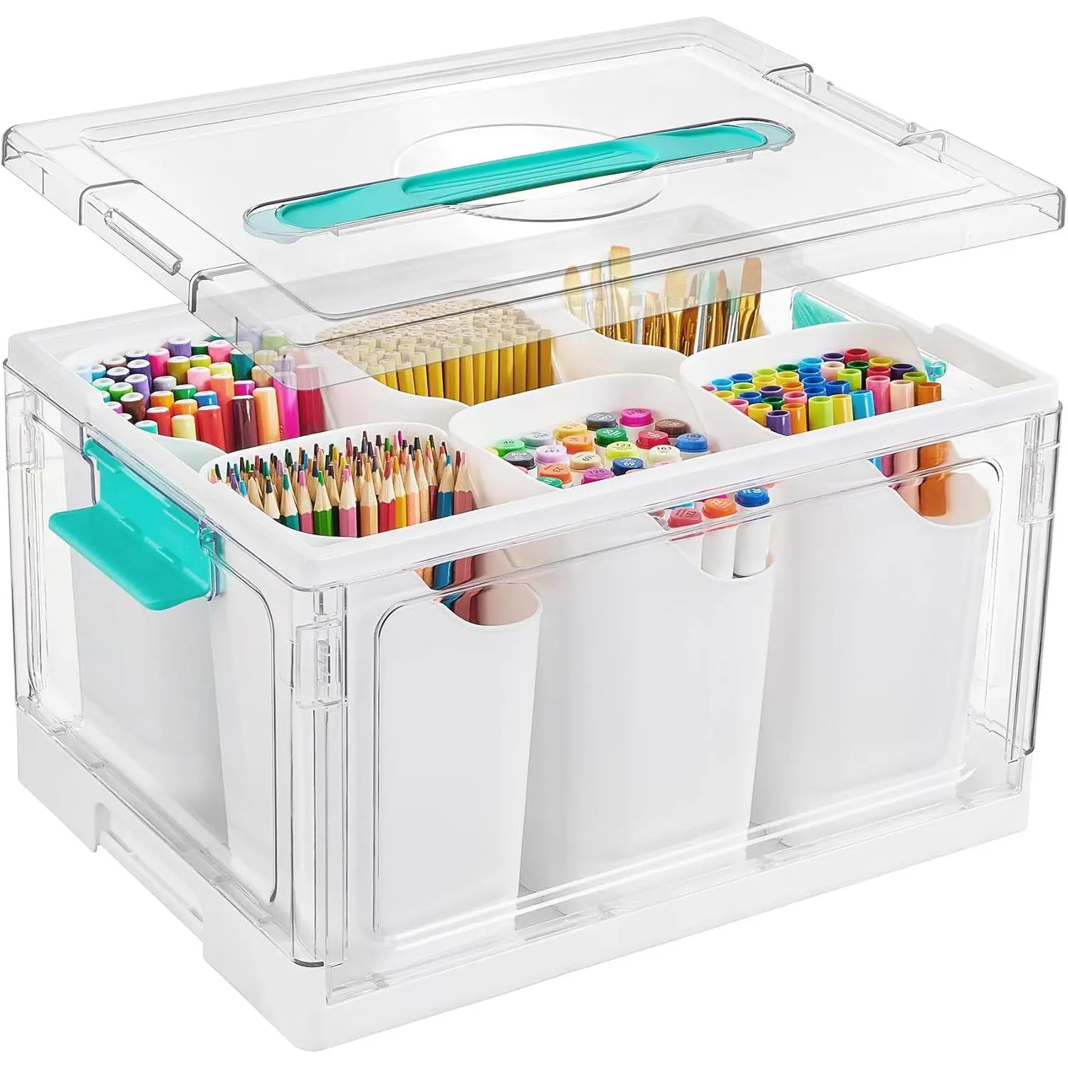 24 QT Clear Plastic Craft Organizer with 6 Detachable Inserts, Art Supply and Tool Storage Box for Craft, Crayon,Pencils,1 Pack