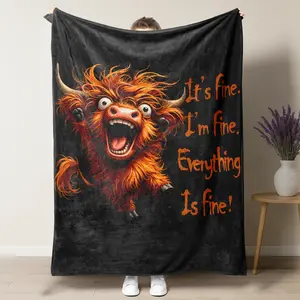 Funny Highland Cow Fleece Throw Blanket – "It’s Fine, I’m Fine" Sarcastic Quote Blanket, Soft Cozy Fuzzy Blanket for Sofa, Bedroom & Unique Gag Gift