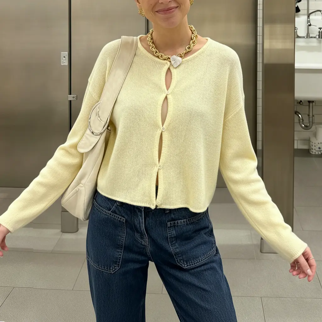 Women Crew Neck Hollow Keyhole Front Button Down Cropped Knit Cardigan, Oversized Drop Shoulder Long Sleeve Loose Fit Soft Lightweight Thin Knit Sweater Jacket