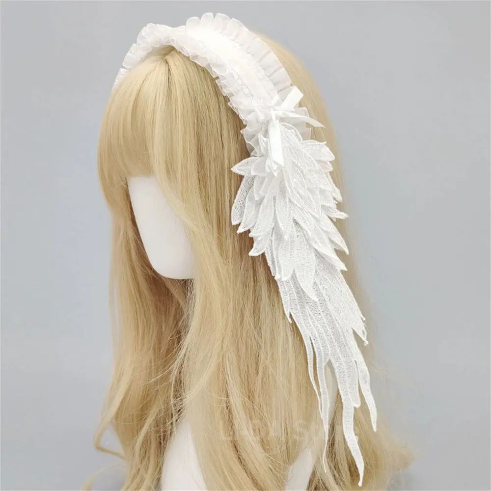 Dark Gothic Lolita Headwear Angel Wings Lace Bow Headdress Harajuku Steampunk Y2K  Headband Kawaii Original Hair Accessories