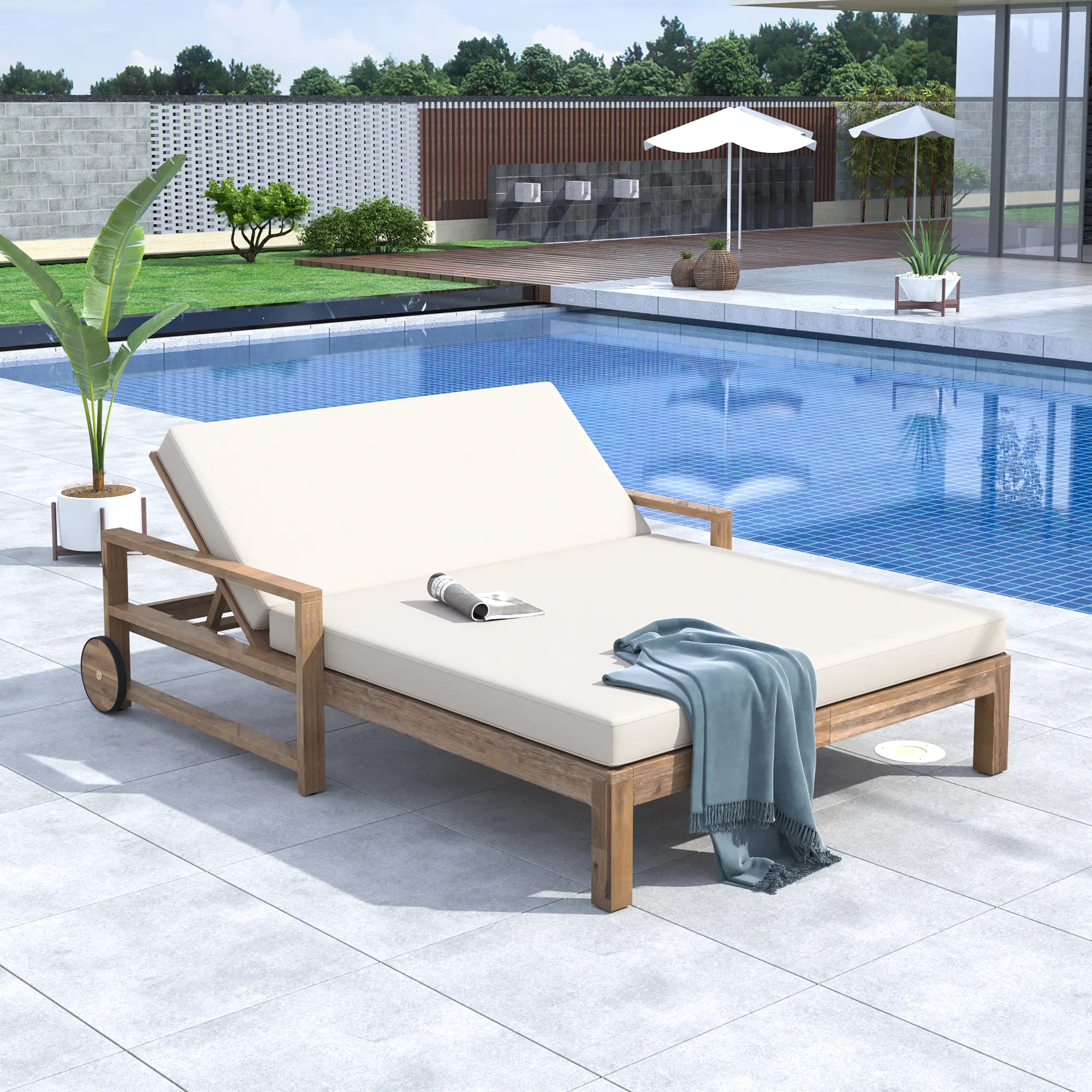 Nokaa TREXM 1-Piece Farmhouse Wooden Outdoor Sunbed Daybed for 2 People, Beige Finish, Solid Acacia, Poolside Garden Backyard Patio Lounge Furniture, Multiple Options Available