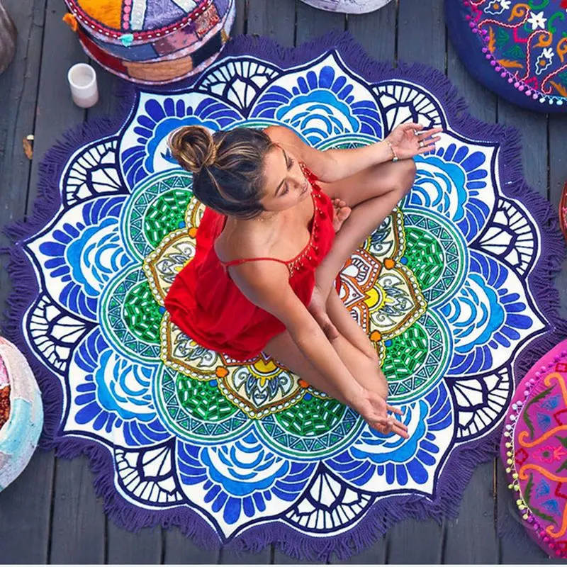 Lotus Mandala Round Beach Towel & Wall Tapestry – 4-in-1 Sandproof Yoga Mat Picnic Blanket with Tassel Fringe