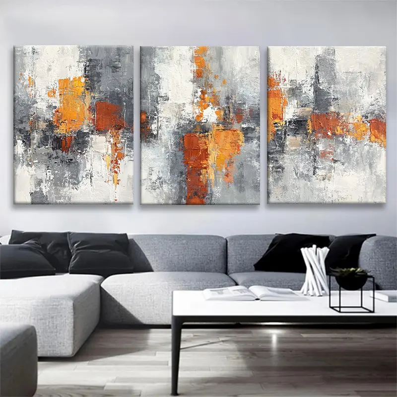 Painting| Hand-painted abstract oil painting triptych, featuring striking orange, gray, and white color palettes with a palette knife texture| Suitable for living rooms or office spaces, eye-catching modern wall art| A composition fullAesthetic Room Decor