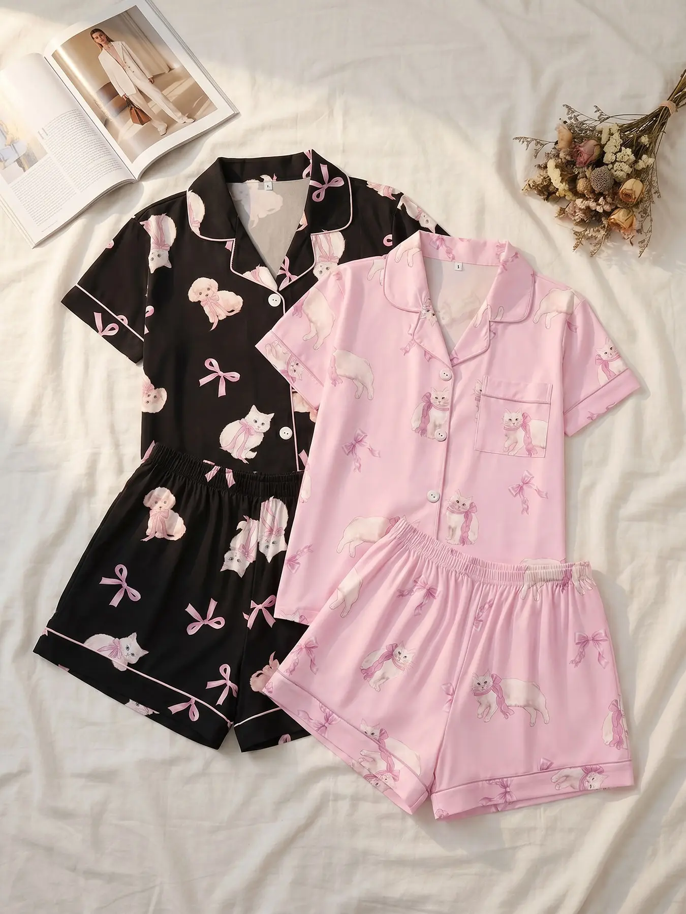 Women's 2 Pack Short Sleeve Button Down Top and Shorts Pajama Set, Spring Summer Wear, Soft Girl Pastel White Cat Pink Bow Print, Cozy Gentle Style, Soft Casual Sleepwear for Home