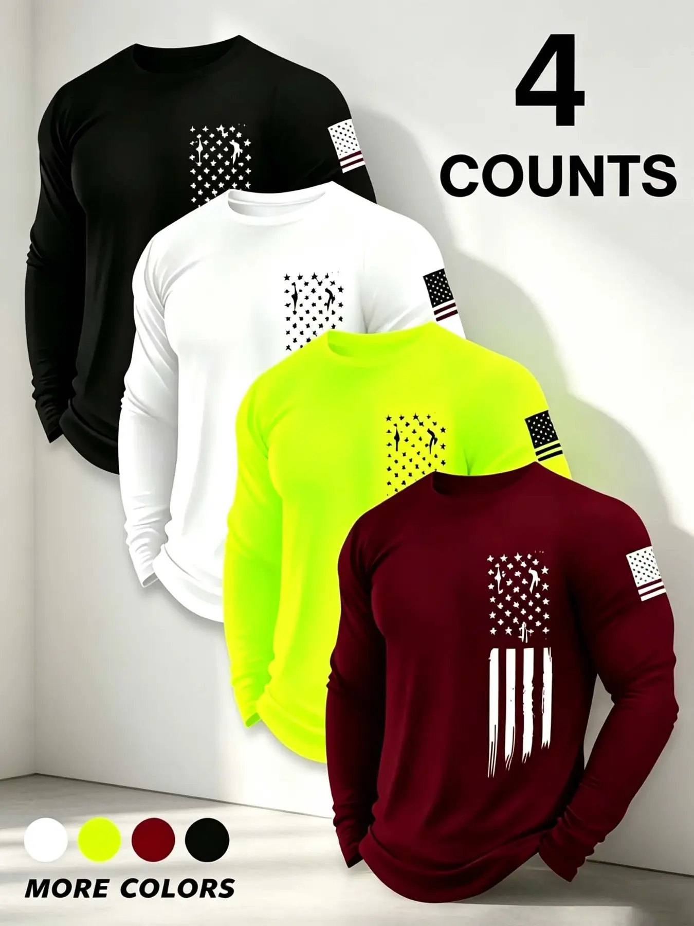 4-Pack Quick-Dry Long Sleeve Casual Workout Activewear Clothes Tops, Breathable Sweat-Wicking, Multi-Color Options, Comfortable Skin-Friendly, Casual Wear for Running or Outdoor Activities