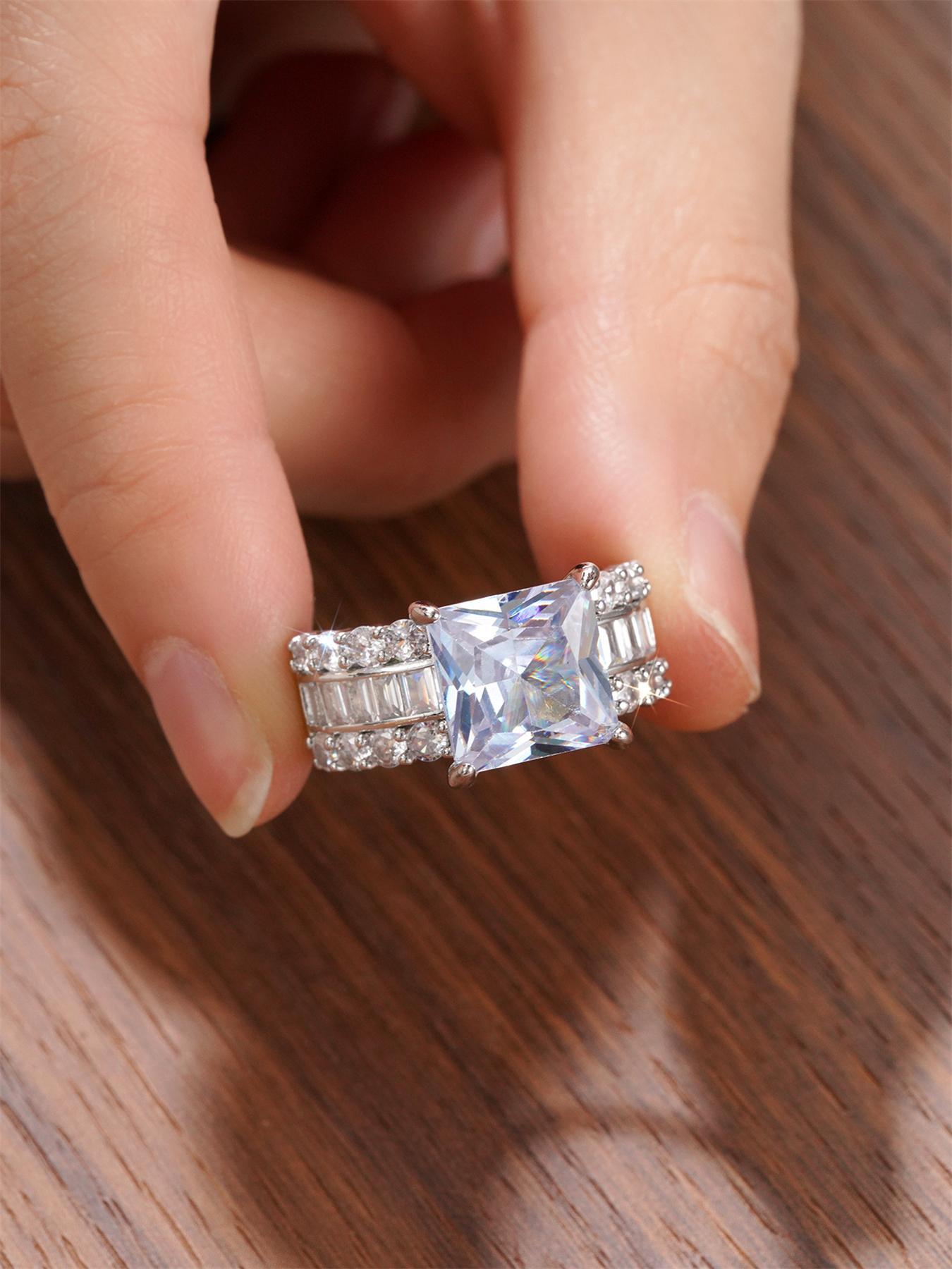 S925 Sterling Silver Artificial Zircon Emerald Cut Solitaire Ring, Wedding Engagement Ring, Fashion Accessories for Women, Trendy All-match & Exquisite Jewelry for Birthday Gift, Statement Ring