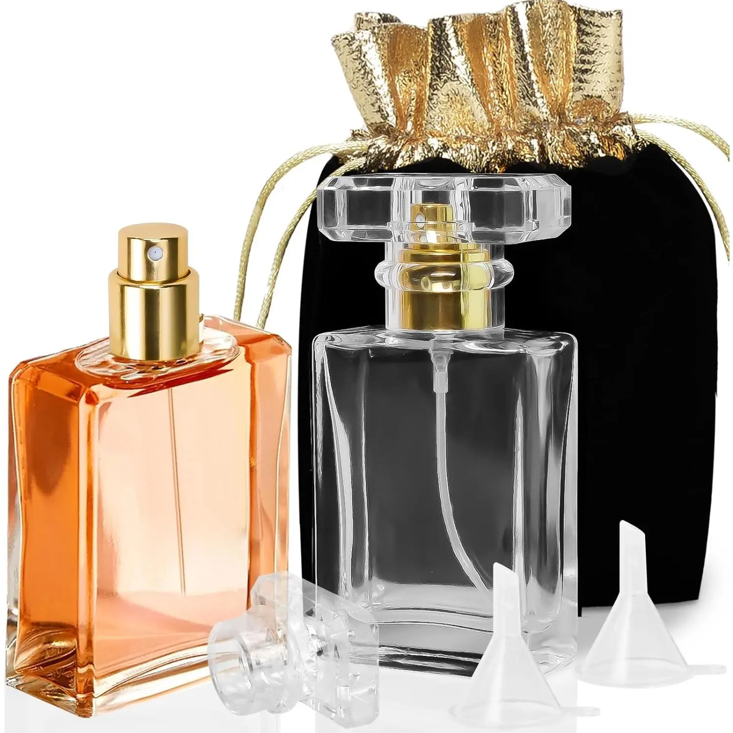 30ML Refillable Fine Mist Perfume Bottle Atomizer - Empty Glass Essential Oil Gold Trim Decorative Storage Bottles & Jars, Classic Fashion Home Organizer with Storage Bag & Funnels for Travel, Fine Mist Storage Bottles & Jars