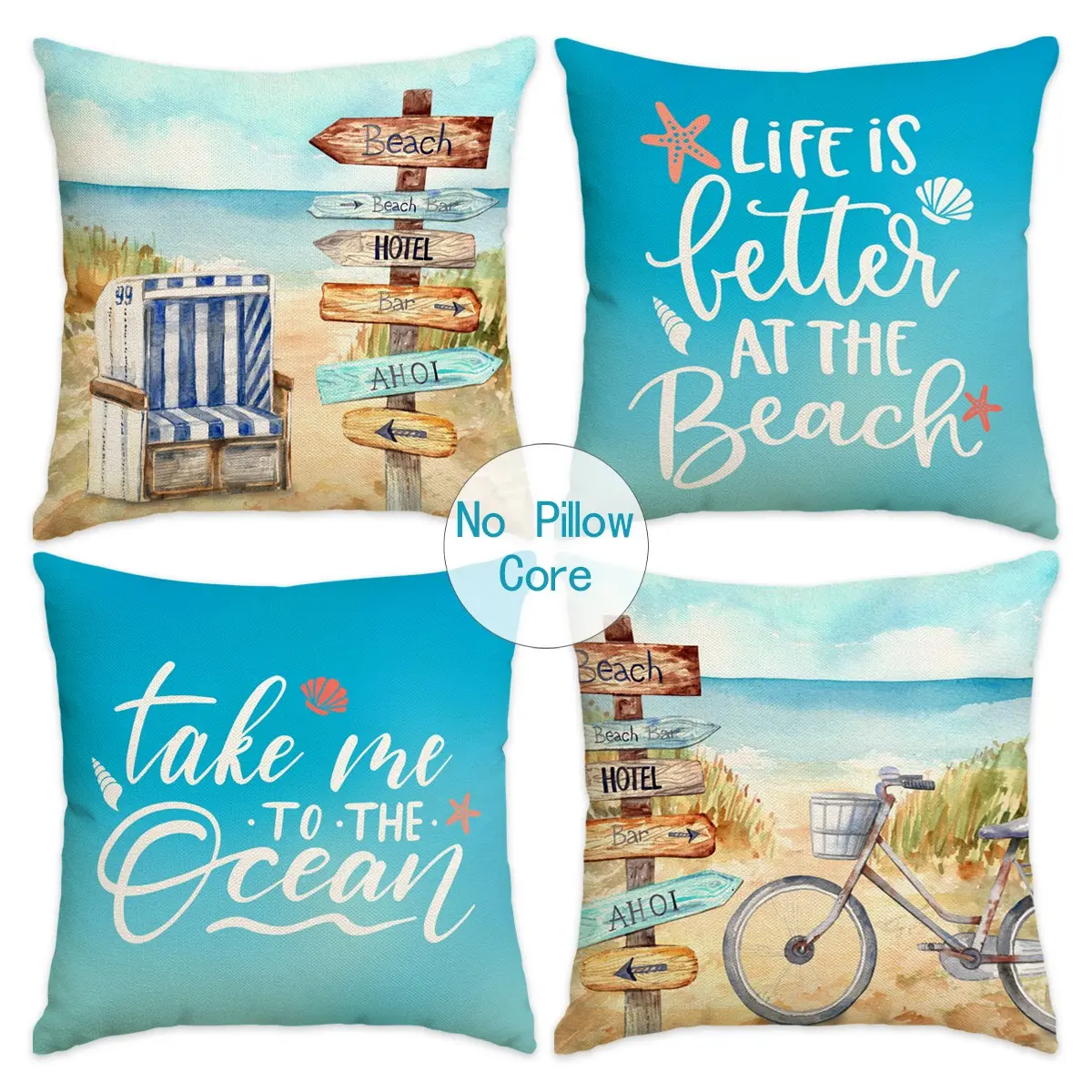 4pcs Marine Life Pillow Cover, Sea Star, Bicycle Pillow Cover, Seaside Landscape Printed Pillow Cover, Shell, Guide Sign Home Decoration Sofa Cushion Cover, Suitable for Room Living Room Sofa Bedroom Car Seat Decoration Cushion Cover (No Pillow Core)