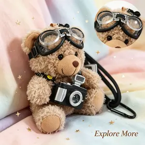 Cute Bear Bag Charms Plush Keychain with Flash Camera & Glass for Handbags Purses Totes Backpacks Adorable & Functional Accessory