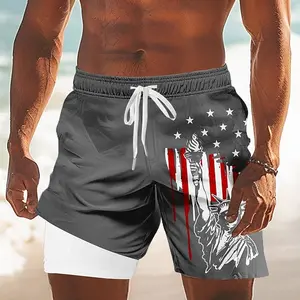 2026 Summer New Men's American Flag Print Double-Layer Men's Shorts for Sports, Outdoor, and Beach, Extra Large Size