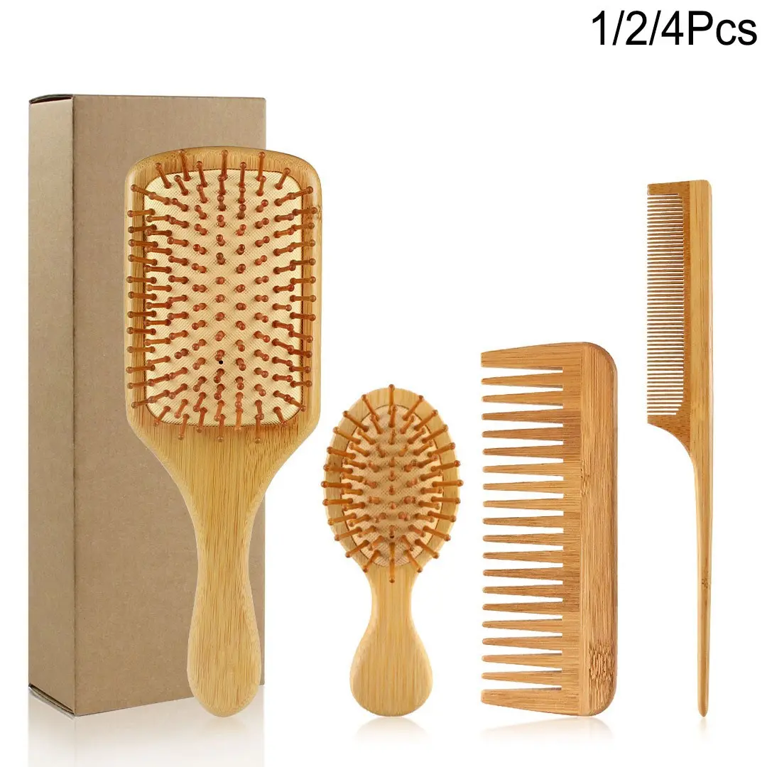 Family Bamboo Brush and Comb Set, Natural Bamboo Wide Tooth Brush and Tail Comb, Ideal for Dry and Wet Hair Styling
