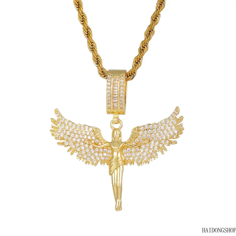 Vintage Streetwear Viral Neutral Gold Rhinestone Angel Wing Necklace For Him Her, Retro Bling Hip Hop Statement Pendant, Unisex Stack Accessory For Rap Concert Daily Skate Styling,beaded