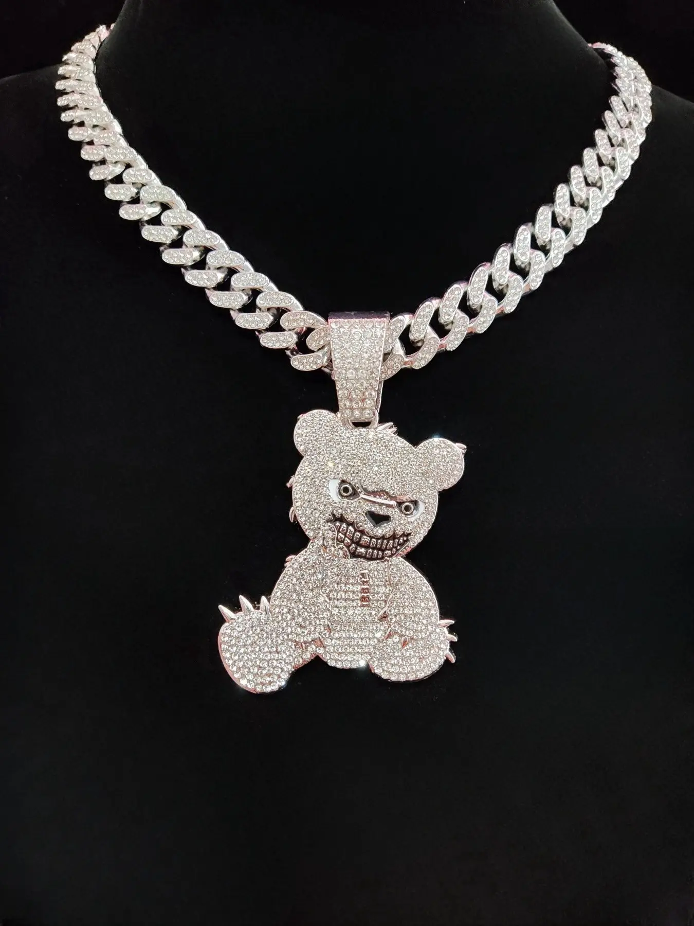 Men Hip Hop Vintage Bear Pendant Necklace, Rhinestone Decorated Necklace, Full Iced Out Bling Bling Cuban Link Chain Stree Style Punk Rapper Jewelry