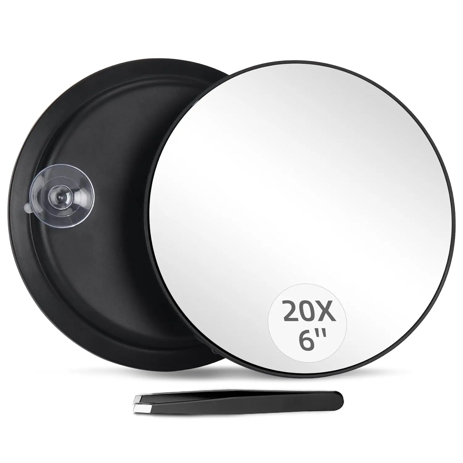 20X Magnifying Mirror and Tweezers Kit, 6 Inch Round Magnifying Makeup Mirror, 20X Magnification Compact Mirror 3 Suction Cups Magnifier Travel Set, Portable Cosmetic Magnified Mirror for Women Men