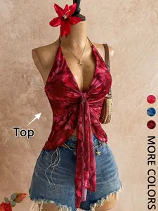 This Floral Halter Adjustable Tie Top is Boho Summer Chic Sheer Mesh Asymmetrical Hem Crop Blouse