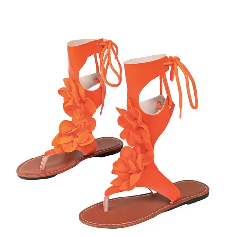 Women's Bohemian Flower Flat Roman Strap Open-Toe Comfortable Soft Rubber Sole Fancy Sandals, Summer Beach Vacation Shoes