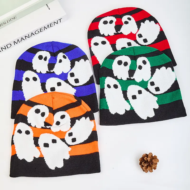 Fashion Striped Ghost Jacquard Cuffed Beanie, Viral Halloween Spooky Cartoon Knit Skull Cap, Elastic Skin-Friendly Lightweight Winter Hat, Multi Color Matching Head Cover, Holiday Gift Outdoor Camping Driving Cold Weather Hat