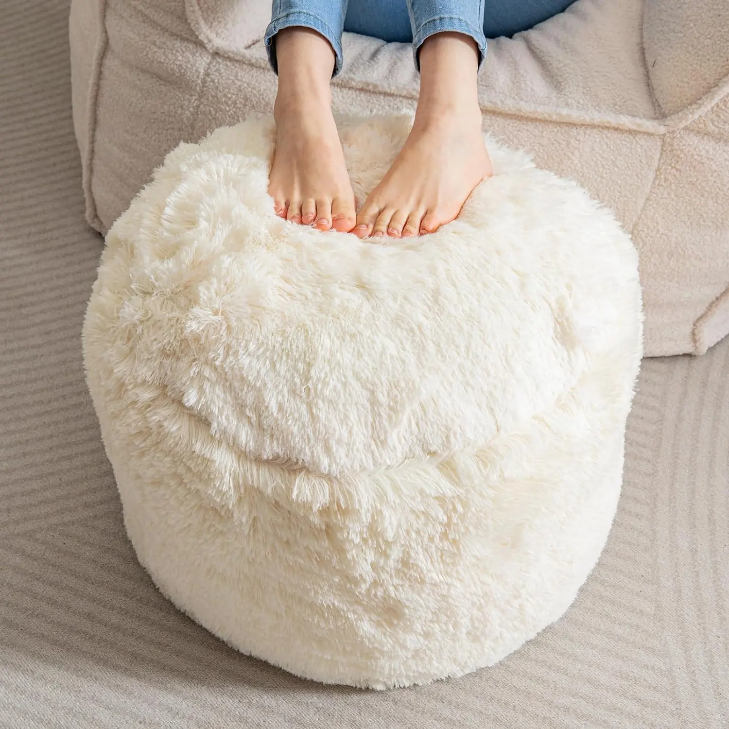 Round Shape Faux Fur Pouf Ottoman - 20x15 in, Memory Foam Chunk Fill, Foot Stool, Pouf Chair, Fluffy Floor Foot Rest for Living Room, Beige, Memory Foam Fill
