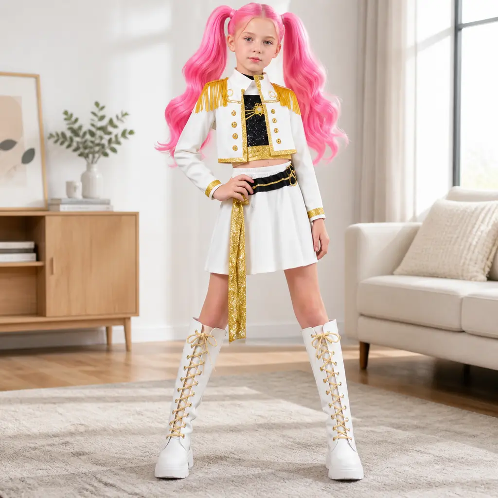 Girls White Gold Pop Star Costume Set with Cropped Jacket, Sleeveless Top and Skirt