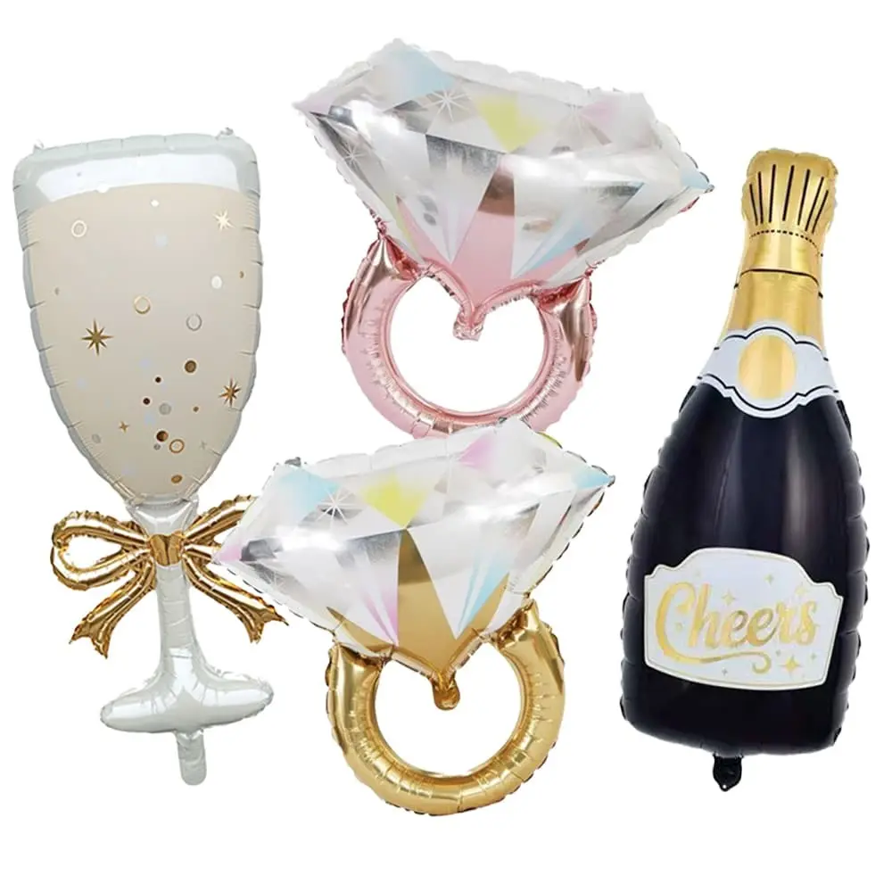 4-Piece Champagne Bottle Set, Bow Wine Glasses, Two-Color Diamond Ring Balloons, Wedding Bridal Shower Party Decorations, Wedding Party Supplies