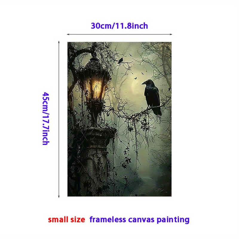 Mysterious 1pc Gothic Raven and Lantern Wall Art Canvas Print Vivid Frameless Oil Painting Style Poster with Haunted Theme for Home Office Living Room Bedroom Decor Abstract Artwork with Rich Colors and Textured Finish Decoration Artistic
