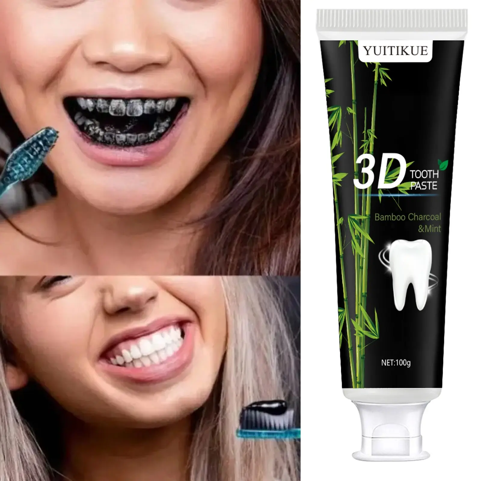 Yuitikue3d Bamboo Charcoal Toothpaste 100g, Activated Carbon Deep Stain Removal, Gentle Brightening, Mint Fresh, Hyaluronic Acid Gums Care