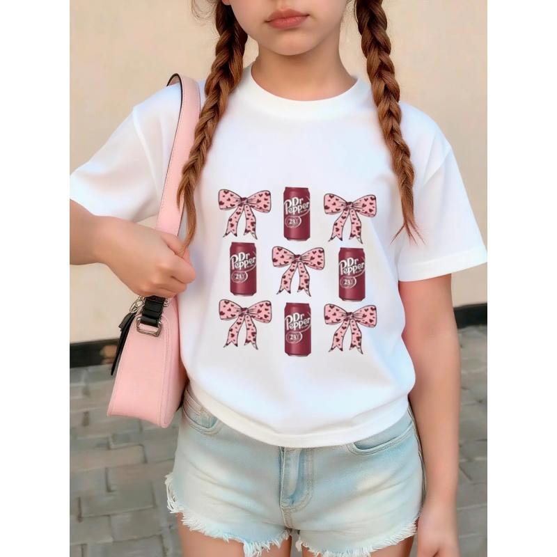 Girls' Outdoor Casual Round Neck Short Sleeve Top, Bottom Dr Pepper Soda Can Print, Leopard Bowknot Pattern, Comfortable Fit, Graphic Shirt