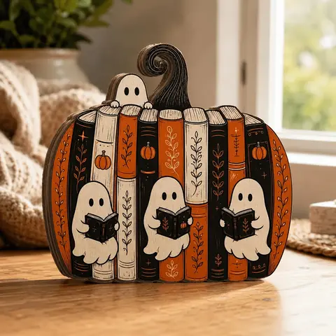 Cute Ghost Reading Pumpkin Wood Sign Decor, Vintage Halloween Desk Decoration, Spooky Season Home Shelf Ornament, Fall Festival Decorative Item, Novelty Vintage Plaque
