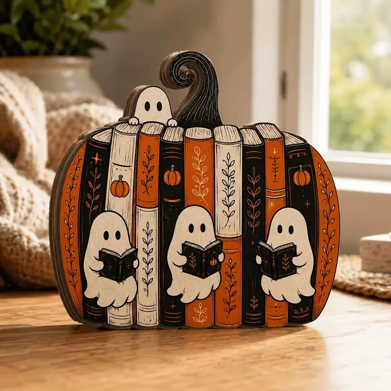Cute Ghost Reading Pumpkin Wood Sign Decor, Vintage Halloween Desk Decoration, Spooky Season Home Shelf Ornament, Fall Festival Decorative Item, Novelty Vintage Plaque